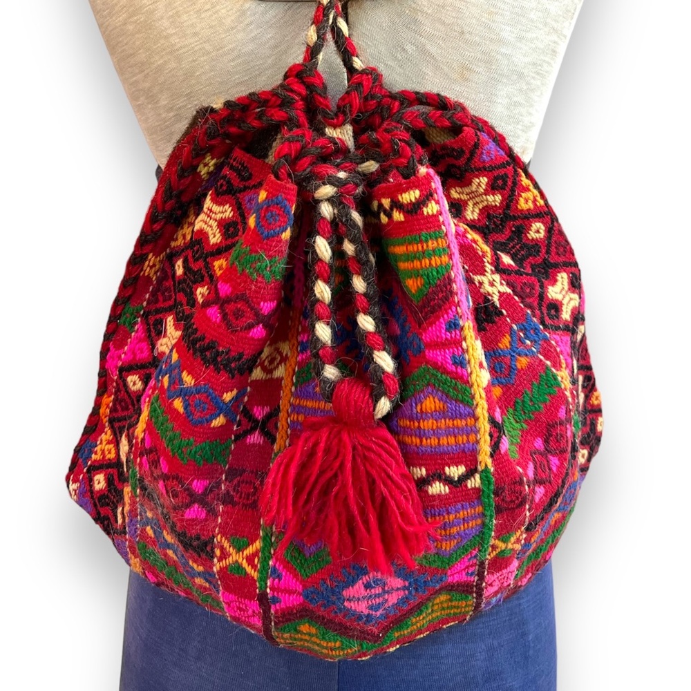 Vintage 60s Colorful Woven Textile Drawstring Backpack Bag Boho